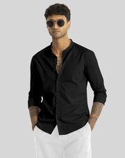 Black Giza Satin Cotton Full Sleeve and Chinese Collar Shirt For Men